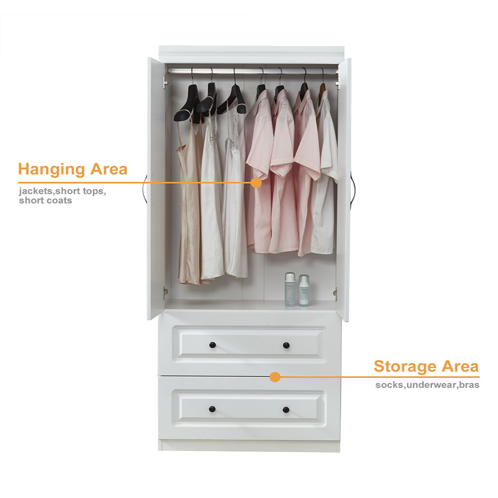 74'' White Armoire Wardrobe Closet with 2 Doors, Hanging Rod & Drawers - Large Wooden Bedroom Storage Cabinet