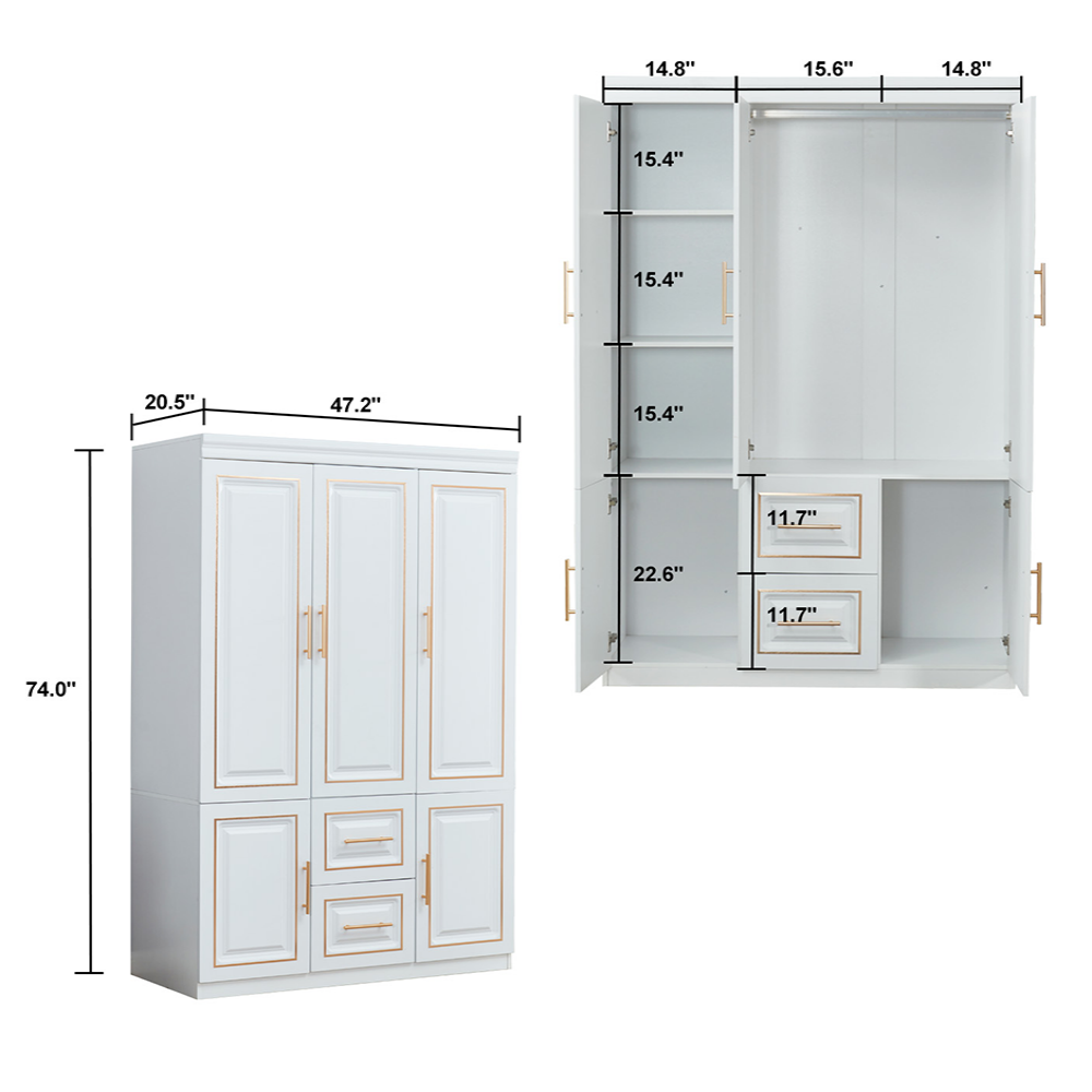 74” Tall White 3-Door Wardrobe Closet with Drawers by LivelyLodge | Freestanding Bedroom Armoire & Clothes Storage Cabinet with Hanging Rod and Shelves