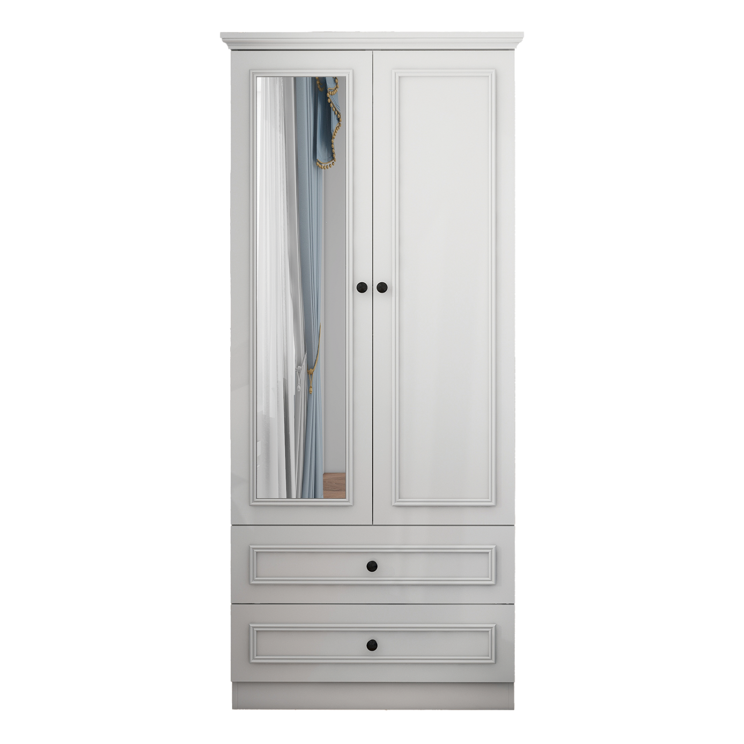 White Wooden Armoire Wardrobe – 2-Door Closet with Mirror, Hanging Rods, Drawers & Shelves for Bedroom