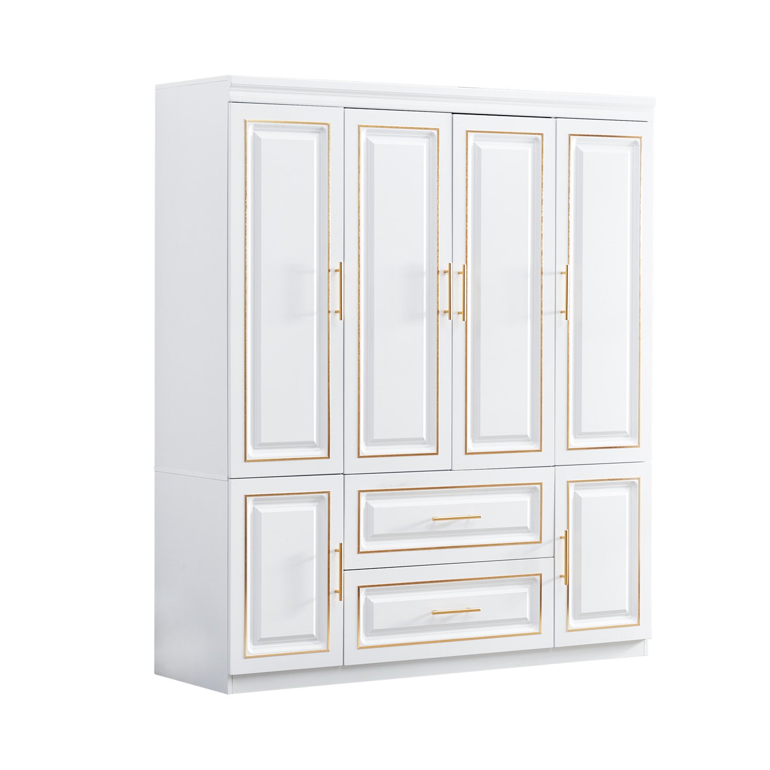 74'' H 4-Door White Wooden Wardrobe Closet | Freestanding Bedroom Armoire with 2 Drawers, Hanging Rod & Storage Shelves