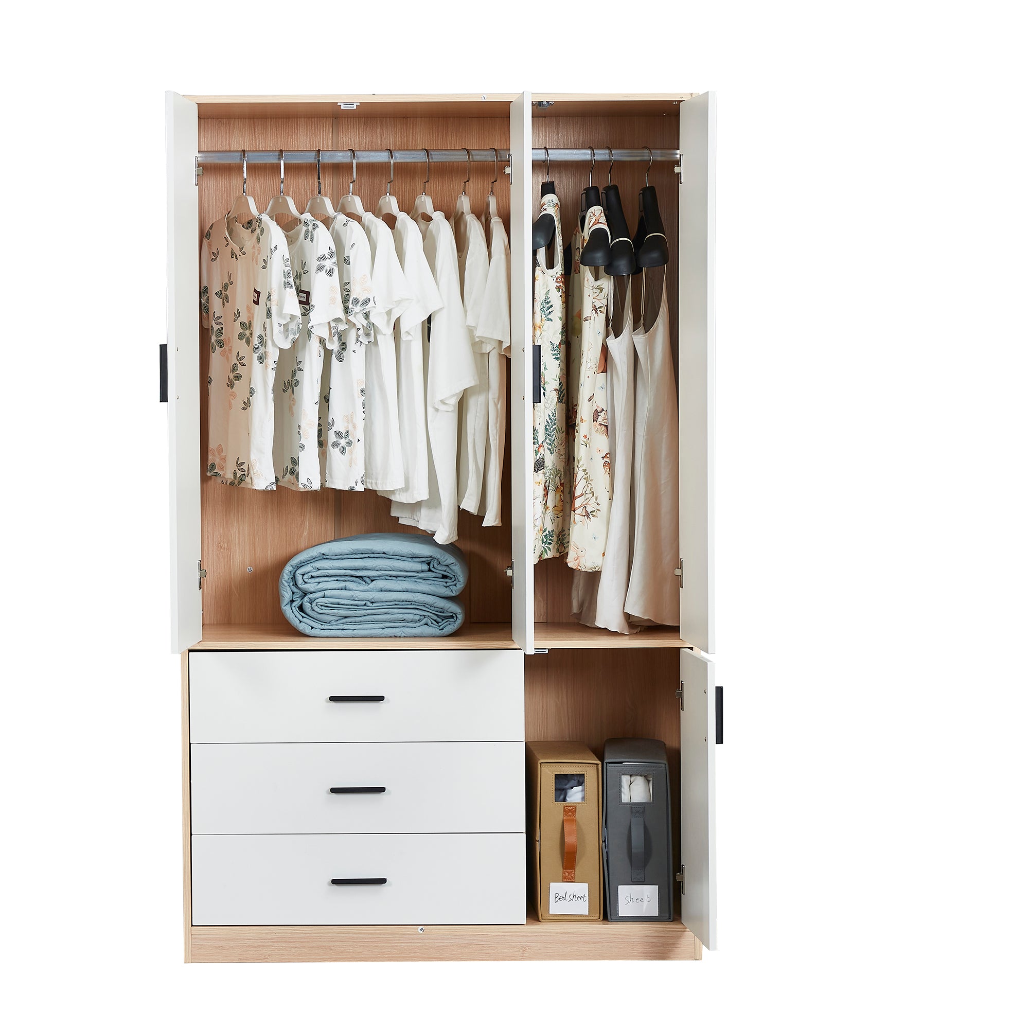 Mirror Armoire Wardrobe Closet | 3-Door White Wooden Freestanding Wardrobe with Hanging Rod & Storage Shelves