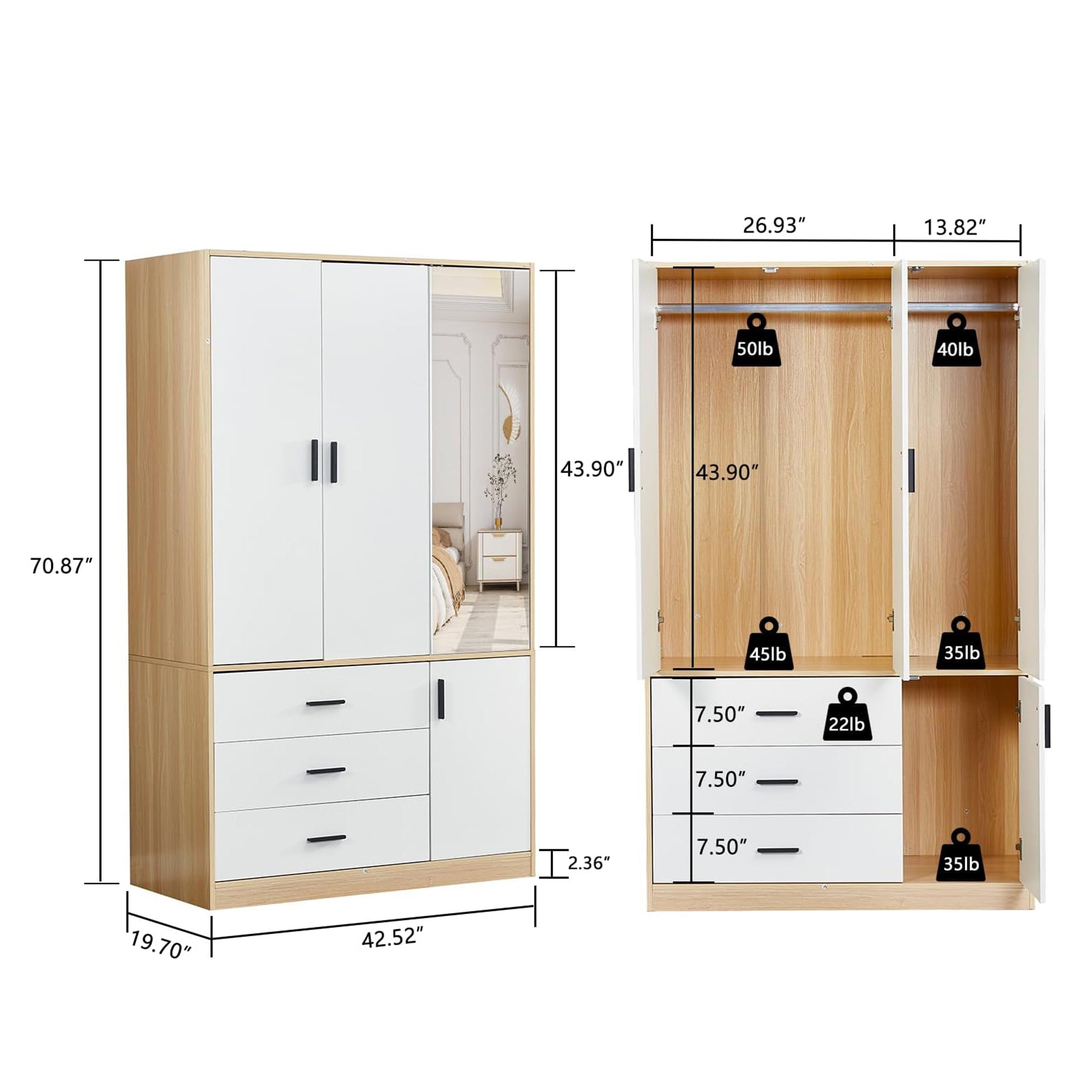 Mirror Armoire Wardrobe Closet | 3-Door White Wooden Freestanding Wardrobe with Hanging Rod & Storage Shelves