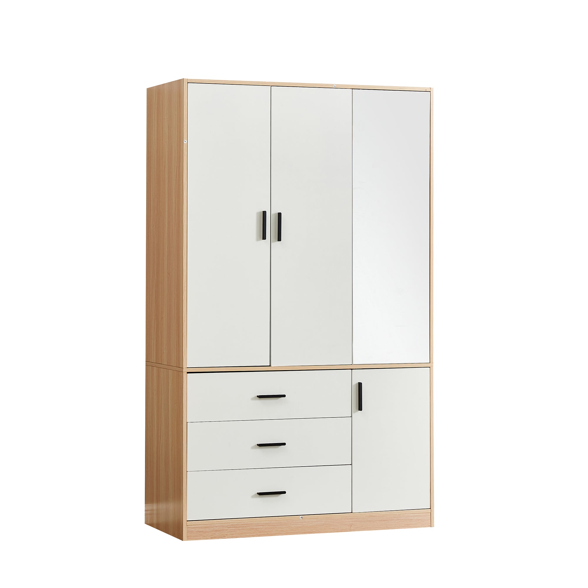 Mirror Armoire Wardrobe Closet | 3-Door White Wooden Freestanding Wardrobe with Hanging Rod & Storage Shelves