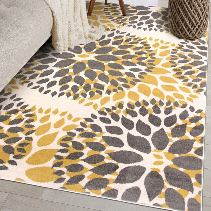 3'1" x 5' Grey Yellow Floral Woven Stain Resistant Polypropylene Area Rug-2