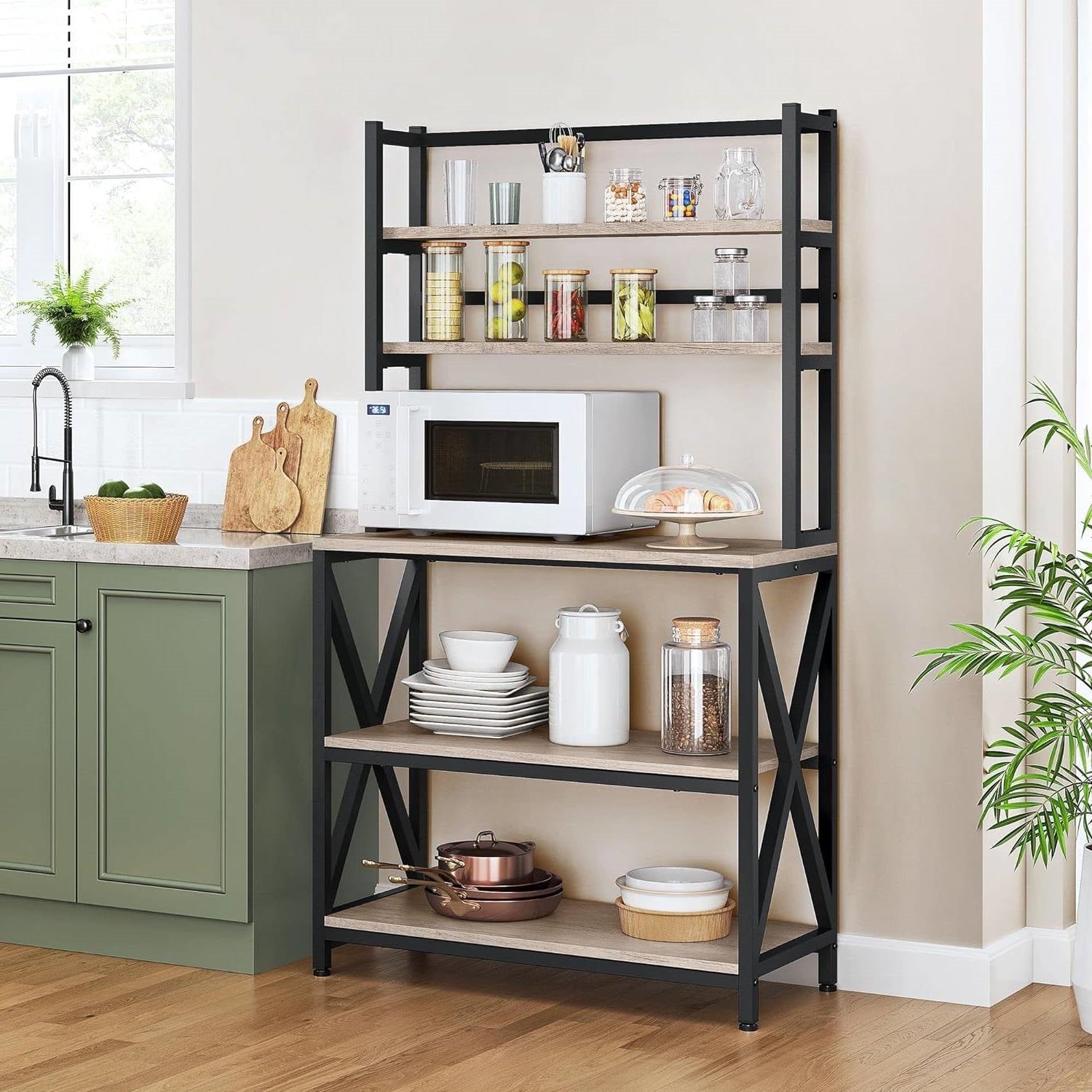 Modern Black Metal Grey Wood Bakers Rack Microwave Stand Kitchen Shelving Unit-0