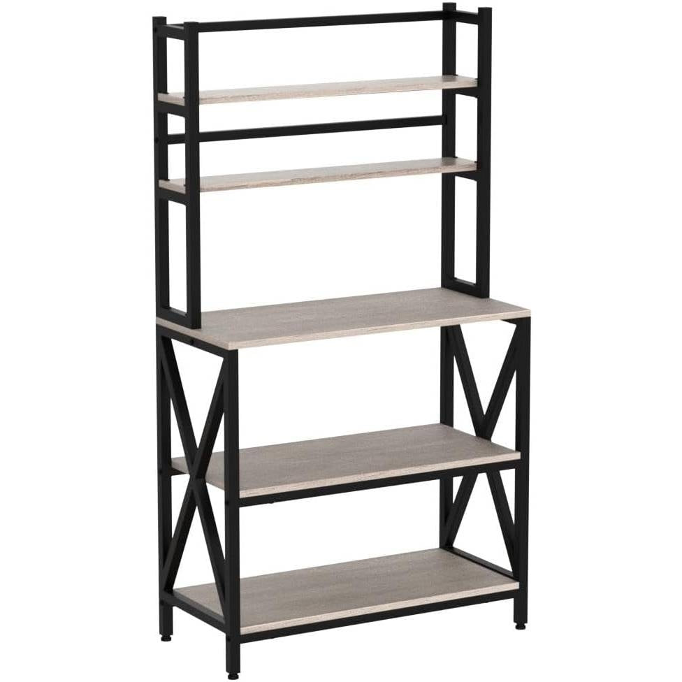 Modern Black Metal Grey Wood Bakers Rack Microwave Stand Kitchen Shelving Unit-2