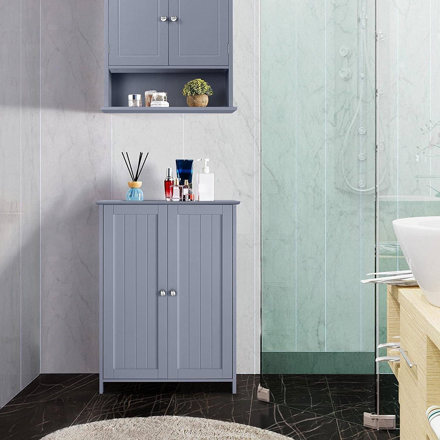 Gray Wood 2-Door Freestanding Bathroom Floor Cabinet Kitchen Storage Cupboard-1