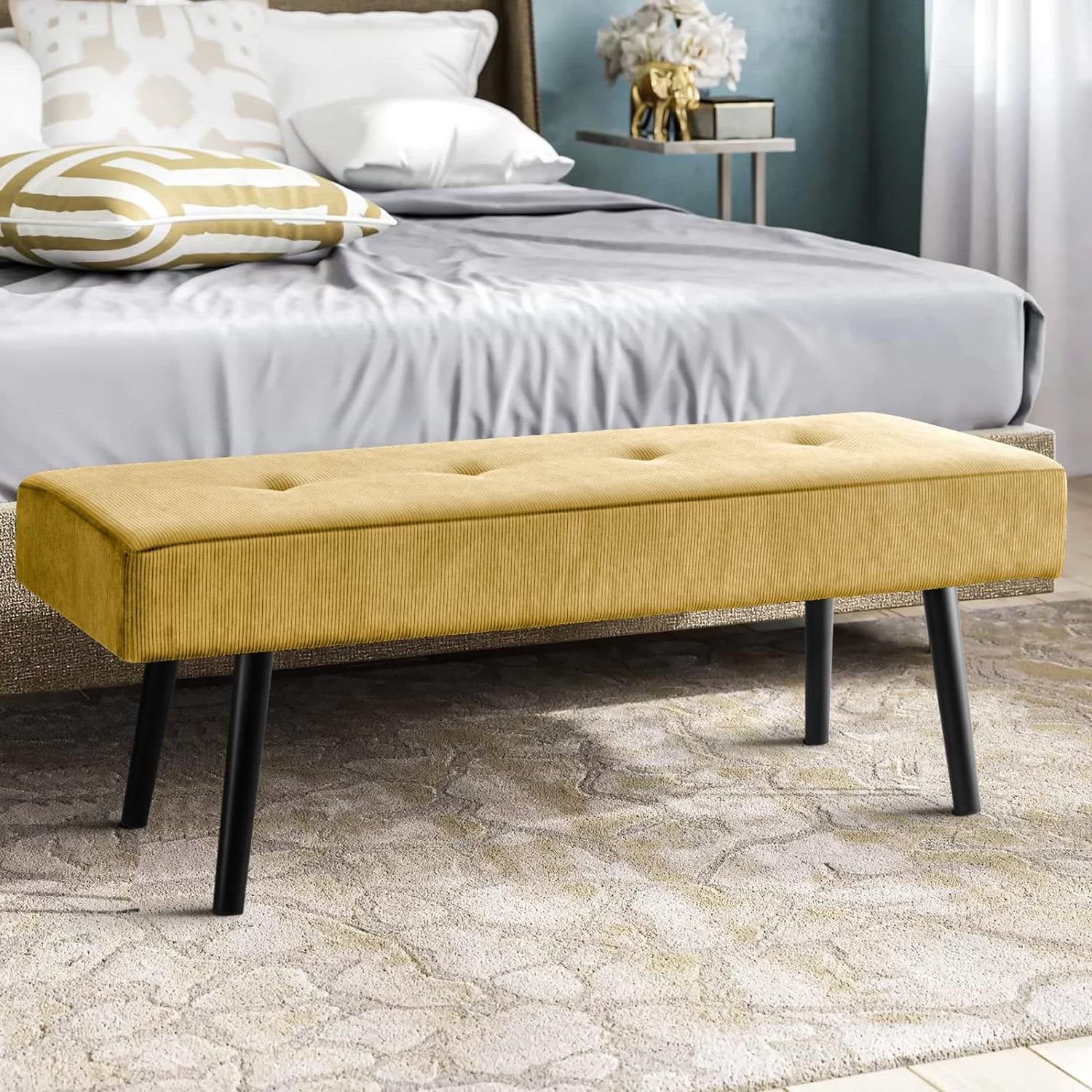 Modern Yellow Corduroy Upholstered End of Bed Bench with Black Metal Legs-0