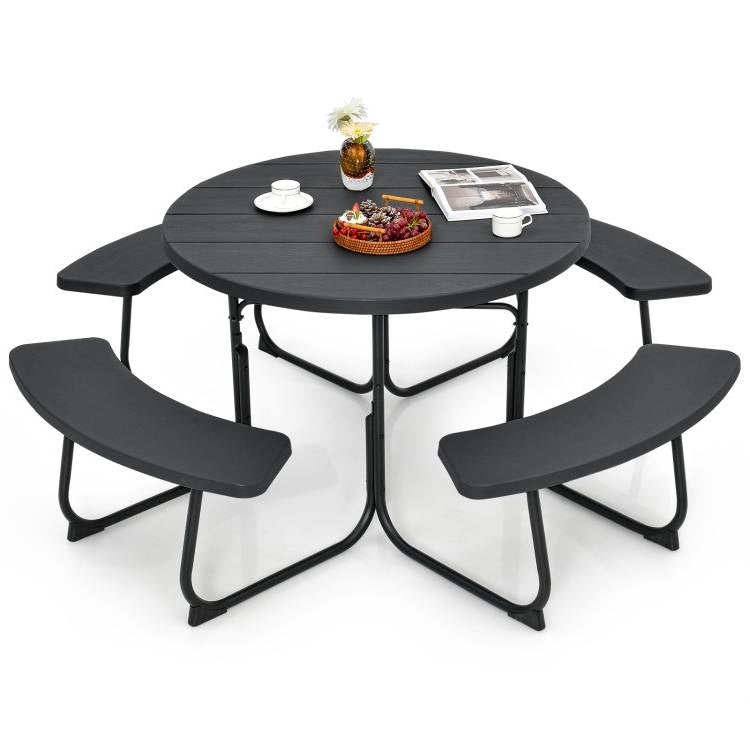 Black Outdoor Metal and HDPE Picnic Table Bench Set with Umbrella Hole - Seats 8-0