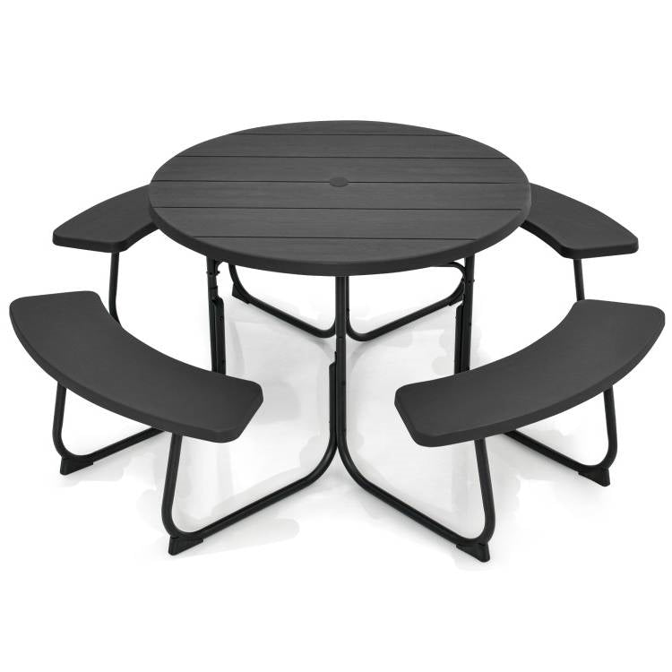 Black Outdoor Metal and HDPE Picnic Table Bench Set with Umbrella Hole - Seats 8-1