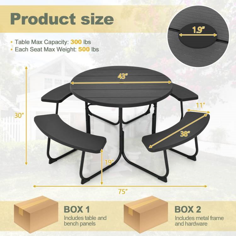 Black Outdoor Metal and HDPE Picnic Table Bench Set with Umbrella Hole - Seats 8-3