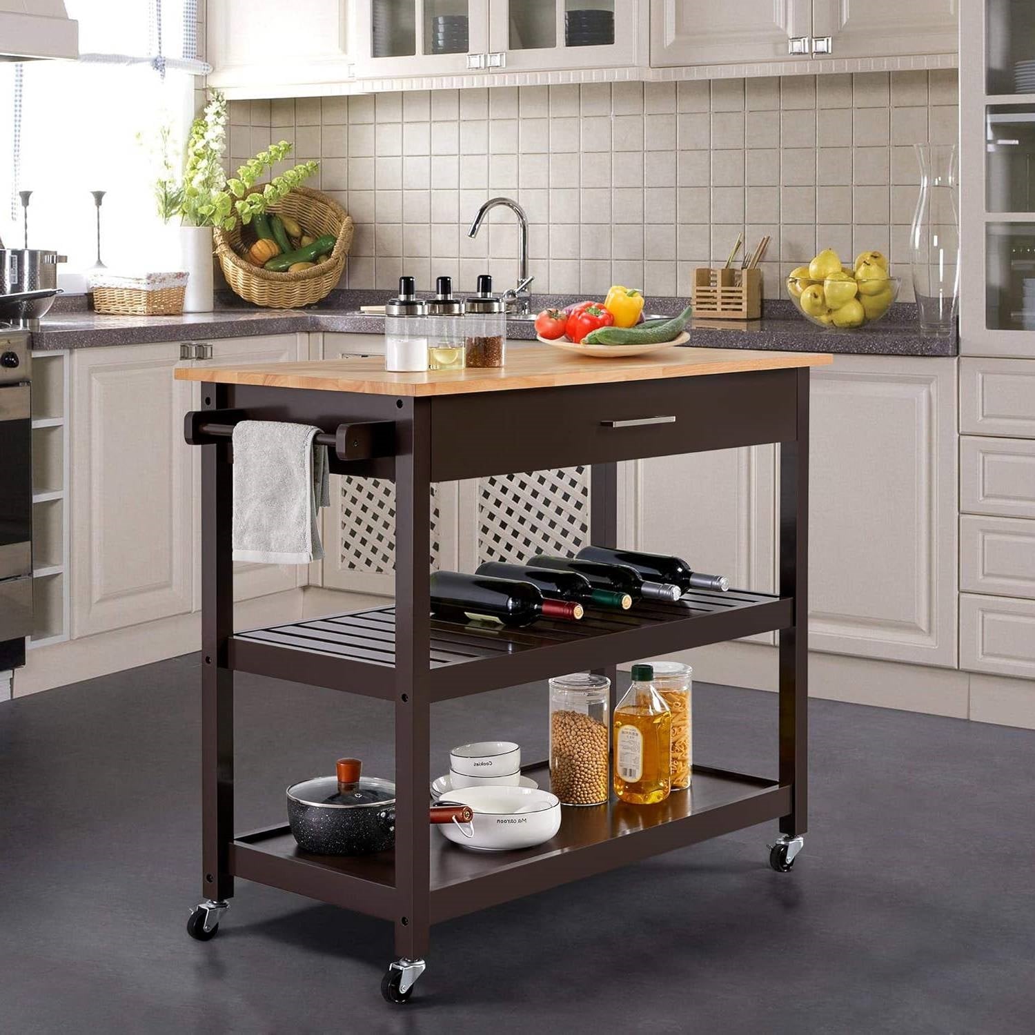 Black Kitchen Island Cart with Wood Top 2-Shelves Drawer and Locking Wheels-0