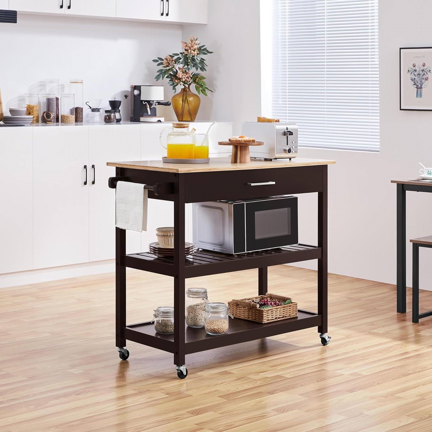 Black Kitchen Island Cart with Wood Top 2-Shelves Drawer and Locking Wheels-2