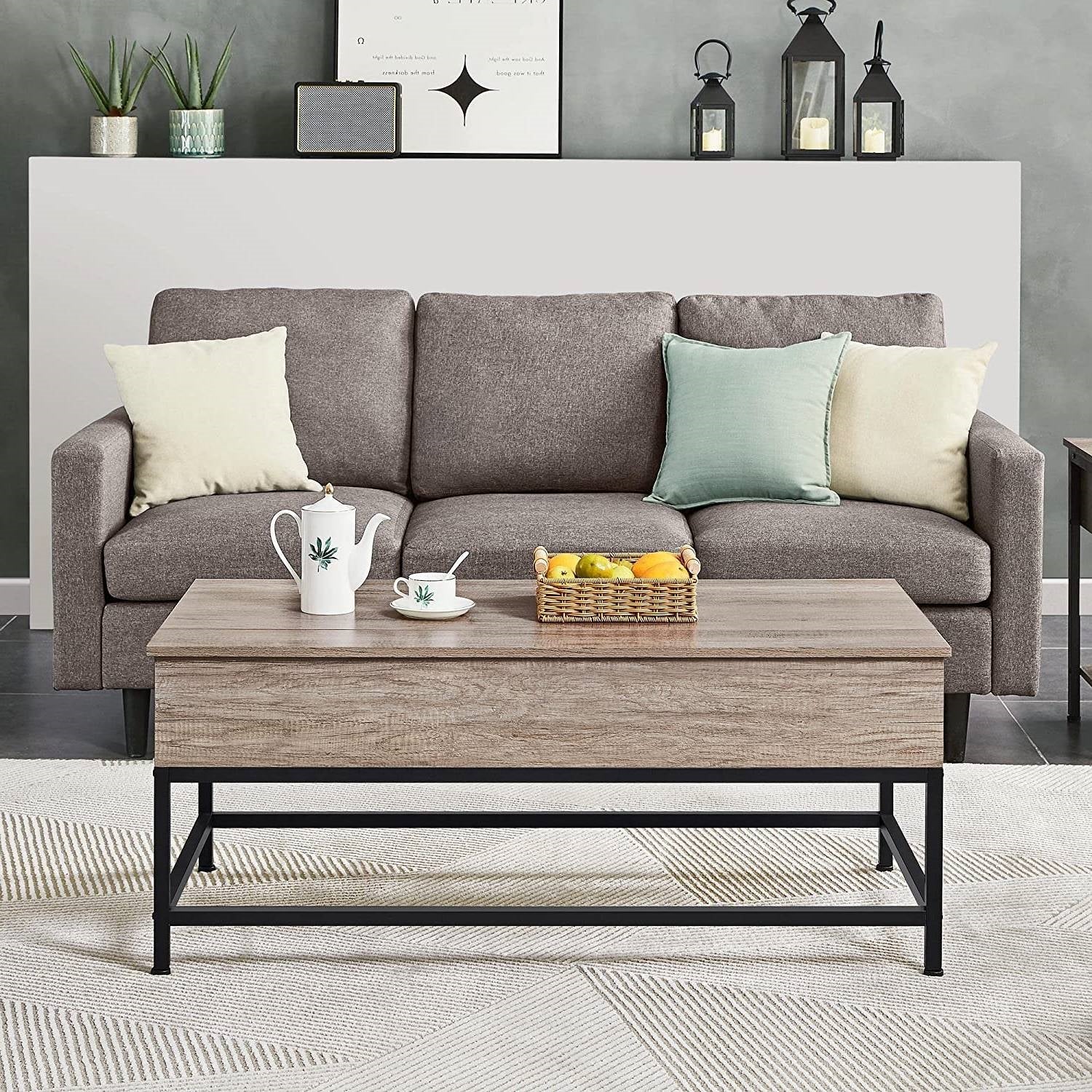 Modern Metal Wood Lift-Top Coffee Table Sofa Laptop Desk in Grey Wood Finish-2