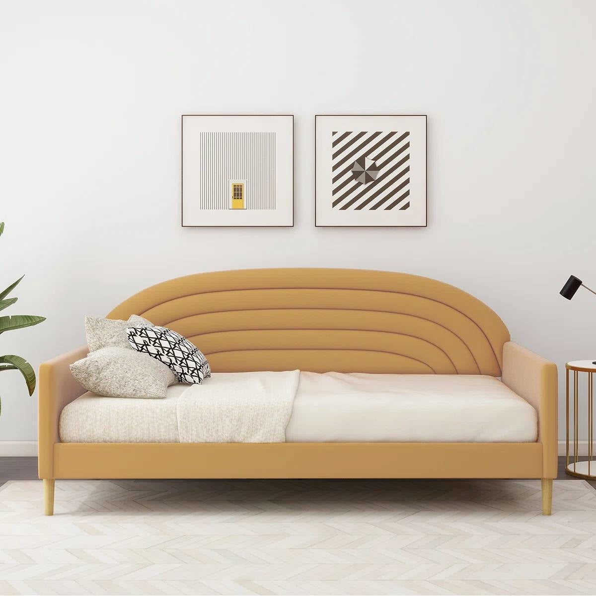 Twin size Mid-Century Modern Yellow Velvet Upholstered Daybed-0