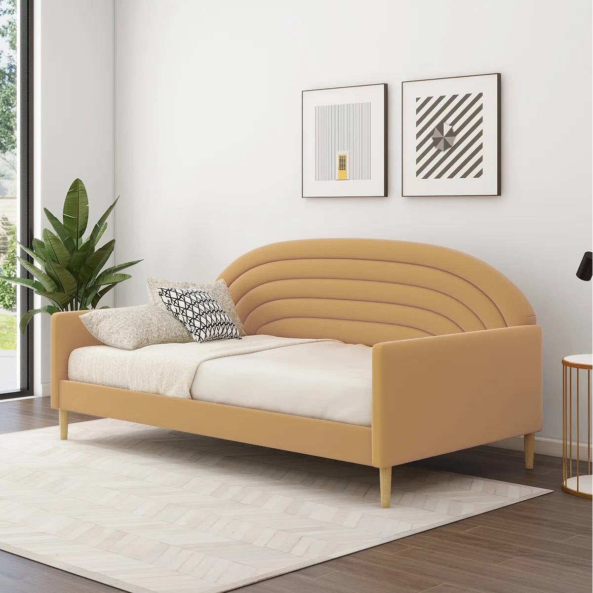 Twin size Mid-Century Modern Yellow Velvet Upholstered Daybed-1