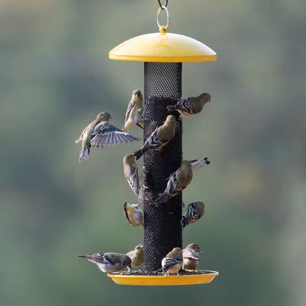 Durable Metal Mesh Tube Hanging Bird Feeder with Yellow Top and Perch-0