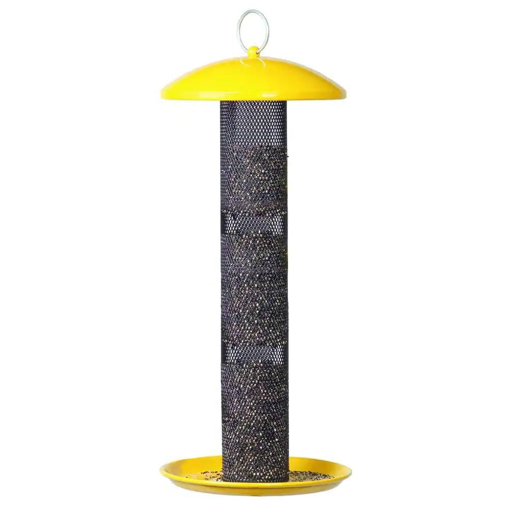 Durable Metal Mesh Tube Hanging Bird Feeder with Yellow Top and Perch-1