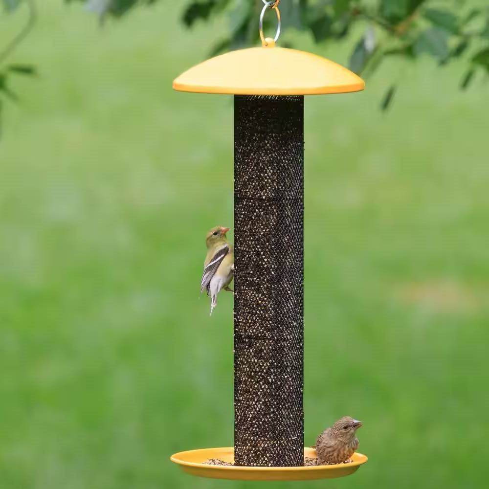 Durable Metal Mesh Tube Hanging Bird Feeder with Yellow Top and Perch-2