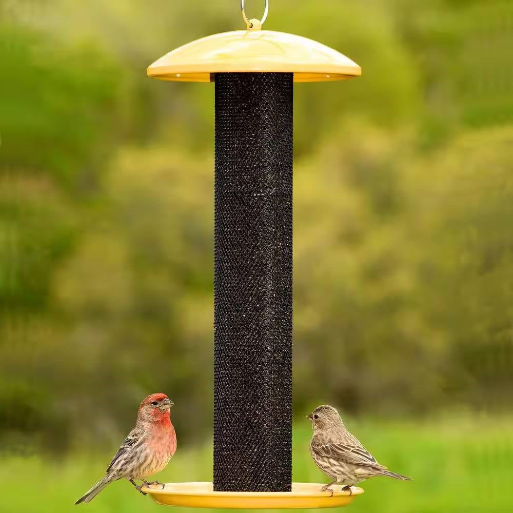 Durable Metal Mesh Tube Hanging Bird Feeder with Yellow Top and Perch-3