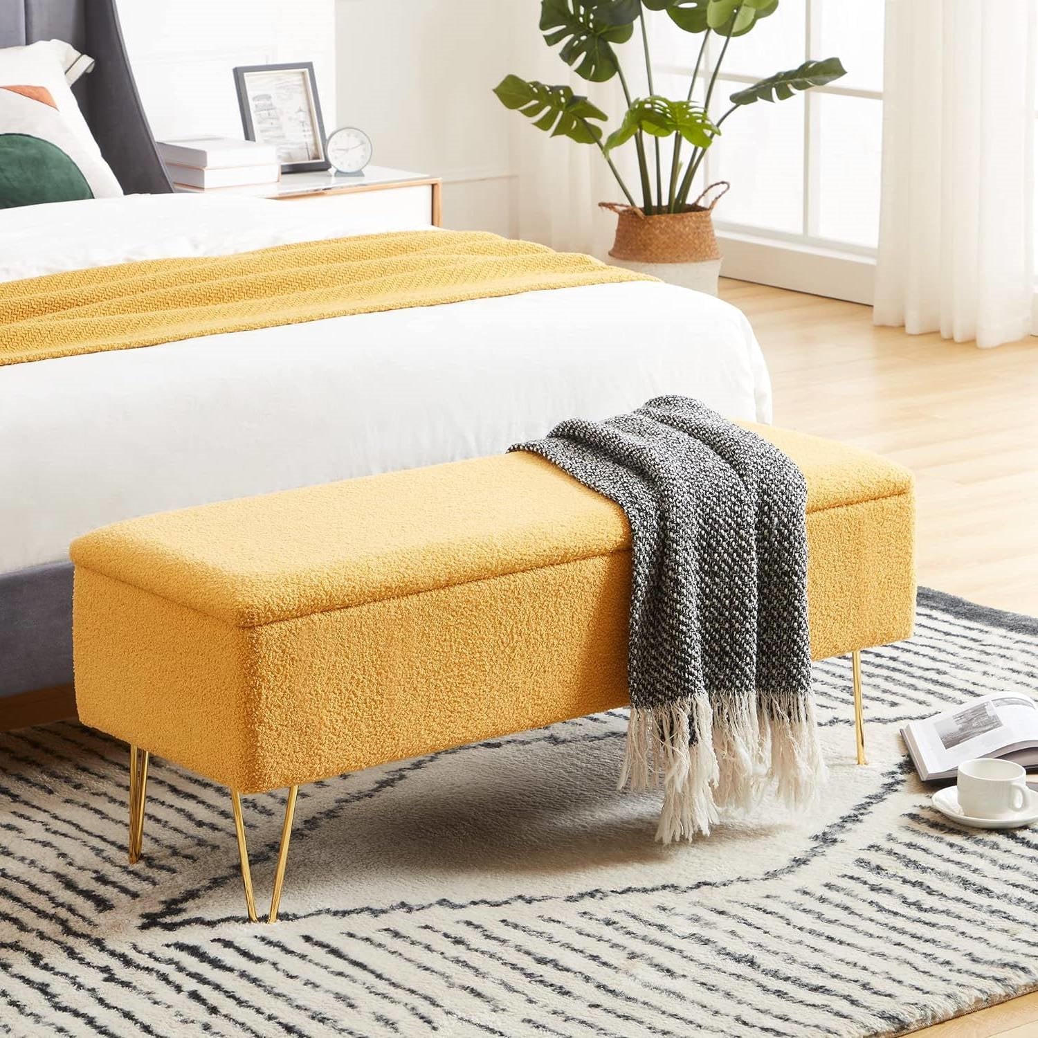 Yellow Sherpa Fabric Upholstered End of Bed Storage Bench with Gold Finish Legs-0