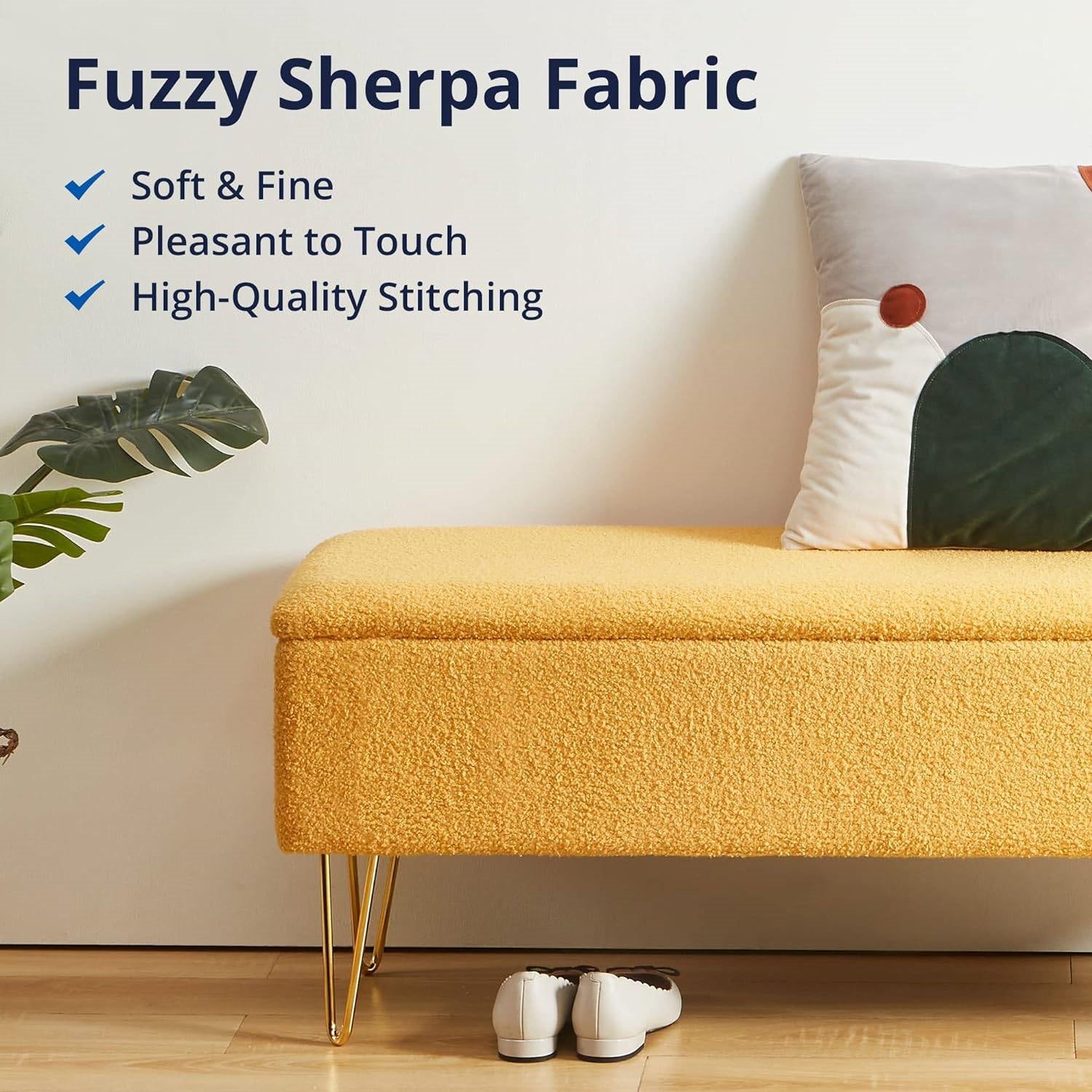 Yellow Sherpa Fabric Upholstered End of Bed Storage Bench with Gold Finish Legs-2