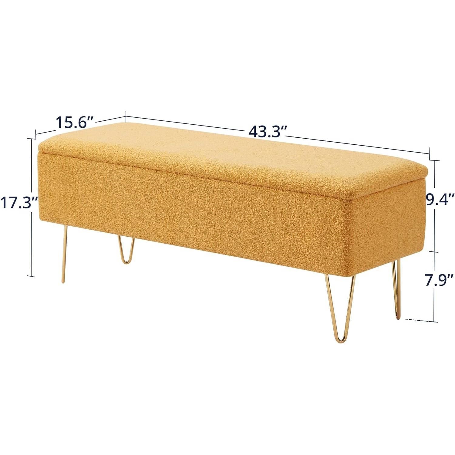 Yellow Sherpa Fabric Upholstered End of Bed Storage Bench with Gold Finish Legs-4