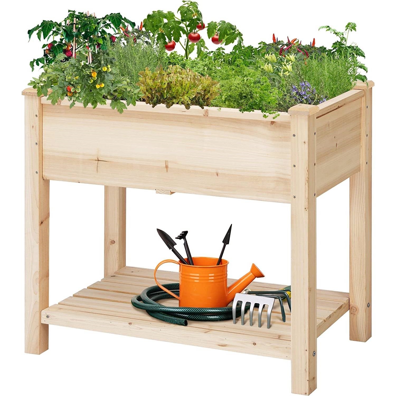 Solid Wood 2-Tier Raised Garden Bed Planter Bed with Bottom Storage Shelf-0