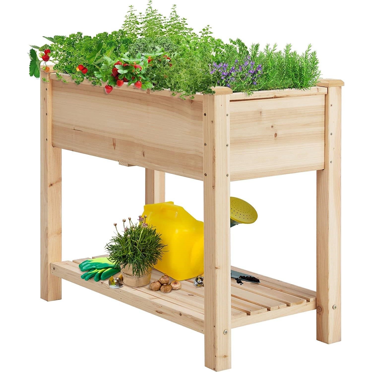 Solid Wood 2-Tier Raised Garden Bed Planter Bed with Bottom Storage Shelf-1