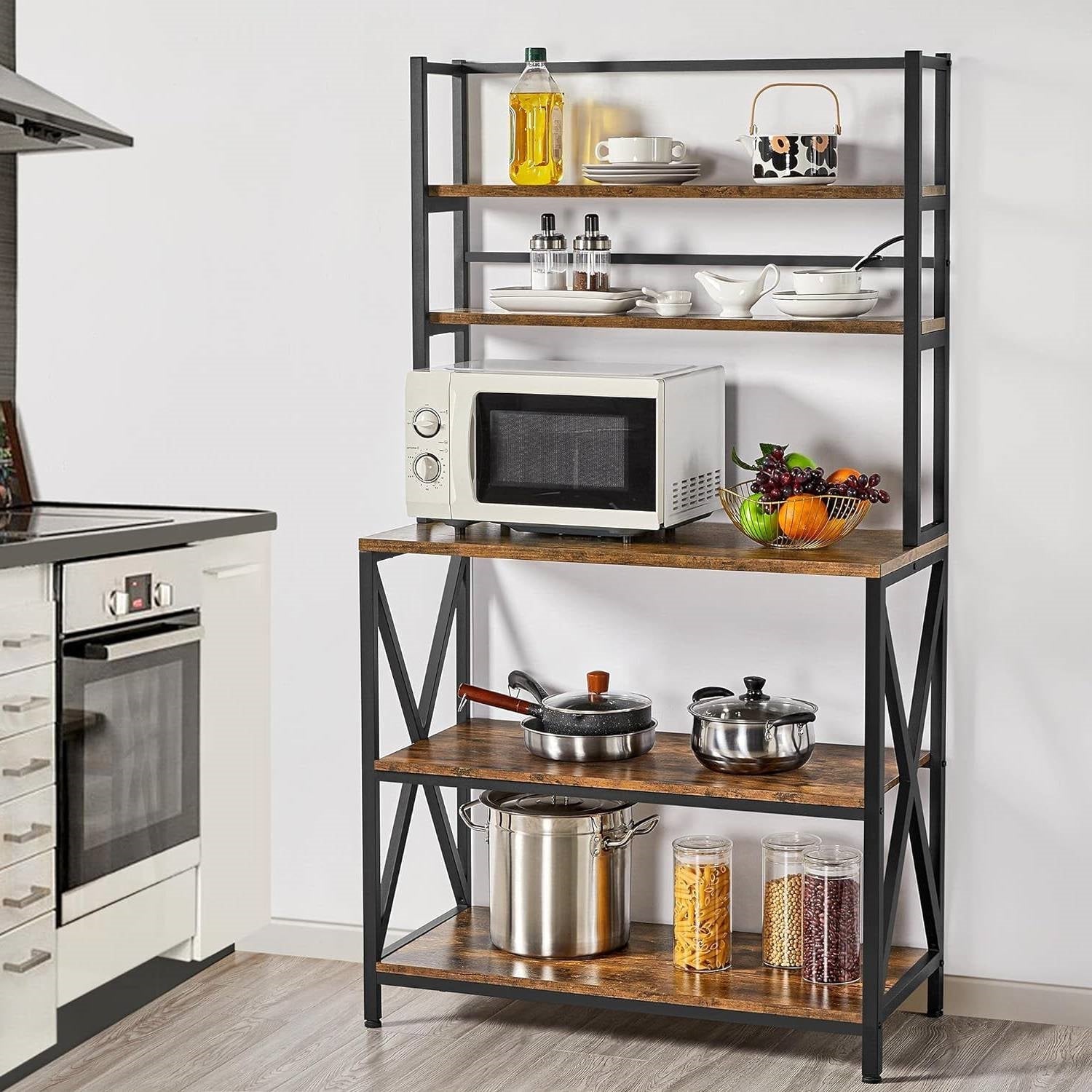 Modern Industrial Metal Wood Bakers Rack Kitchen Storage Shelf-1