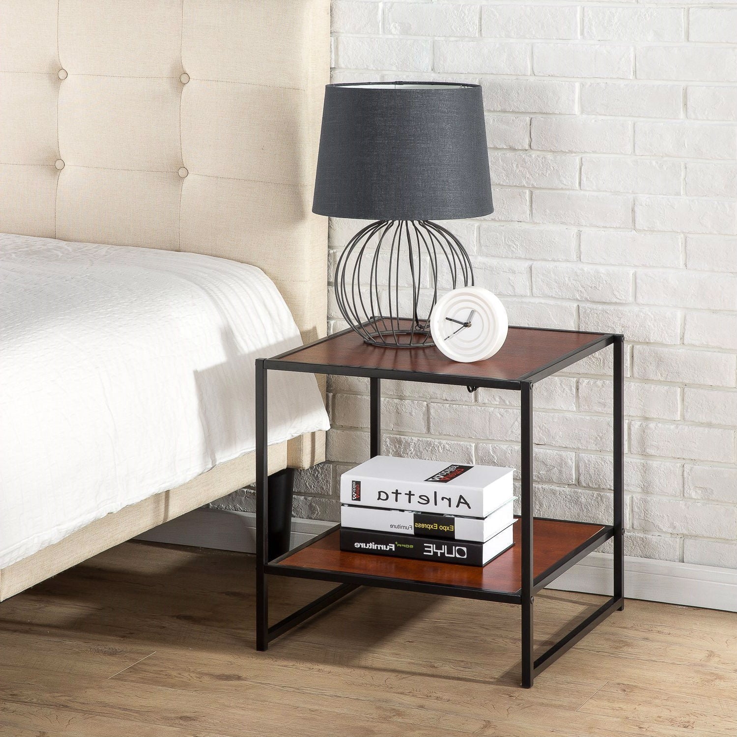 Modern Steel Frame End Table Nightstand in Brown-1