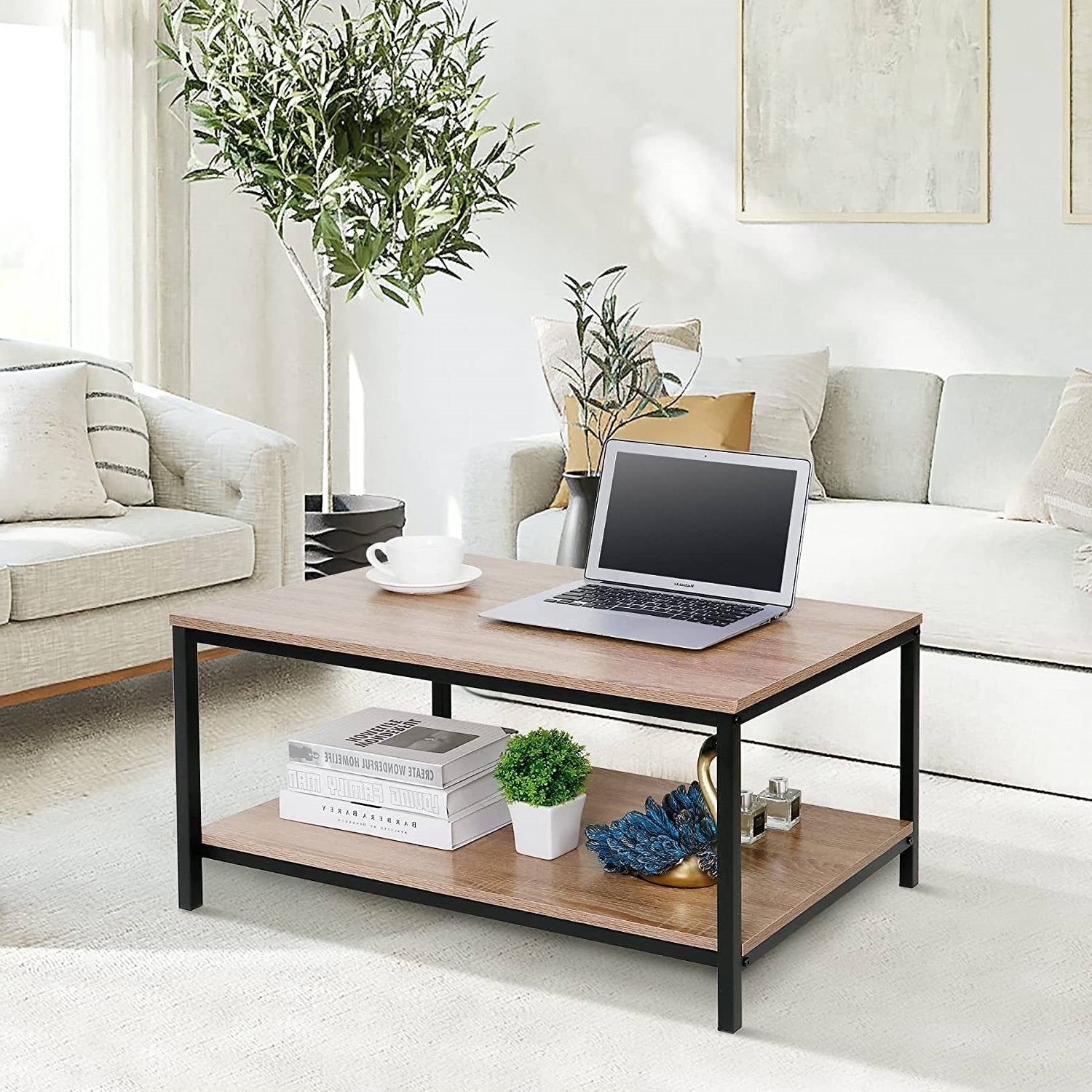 Modern 2-Tier Metal Wooden Coffee Table in Natural Wood Finish-1