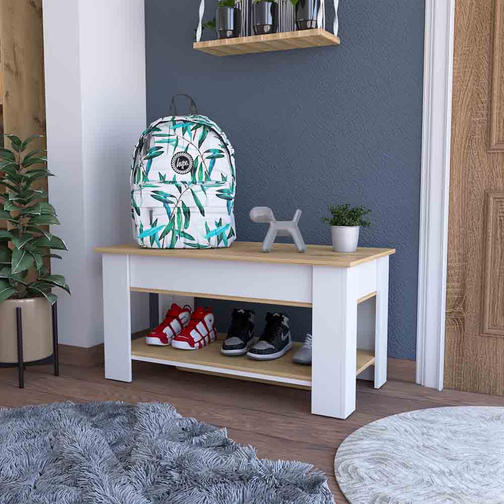 Storage Table Polgon, Extendable Table Shelf, Lower Shelf, Light Oak / White Finish-0