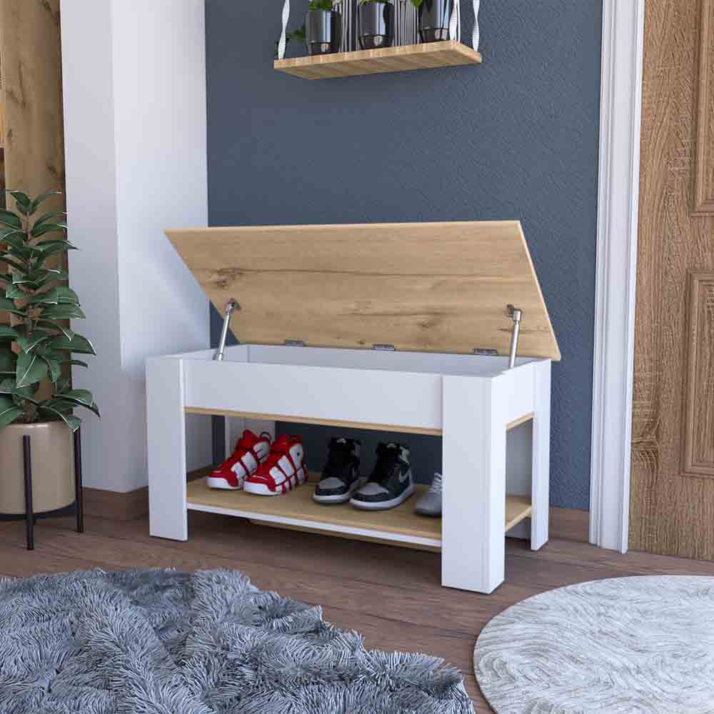 Storage Table Polgon, Extendable Table Shelf, Lower Shelf, Light Oak / White Finish-1