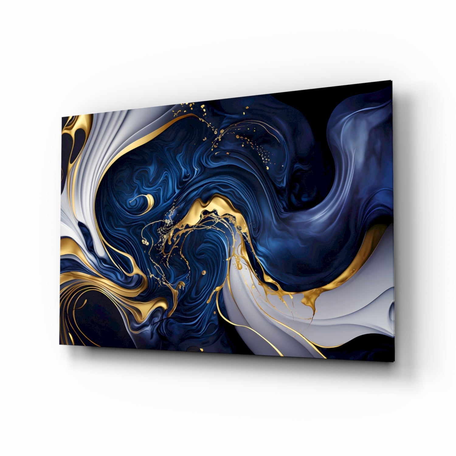 Elegant Gold Swirls on Midnight Blue Glass Wall Art