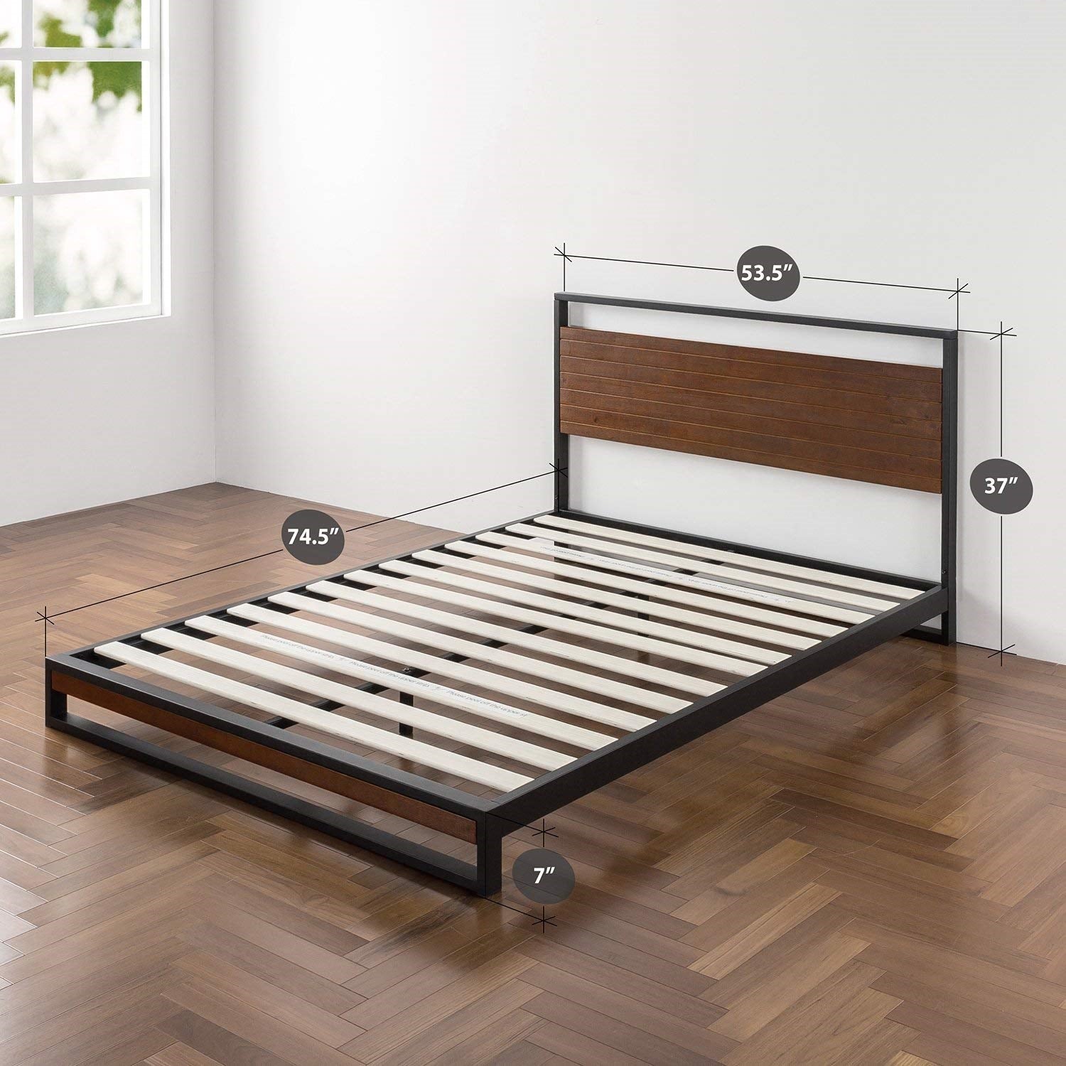 Full size Metal Wood Platform Bed Frame with Headboard-3