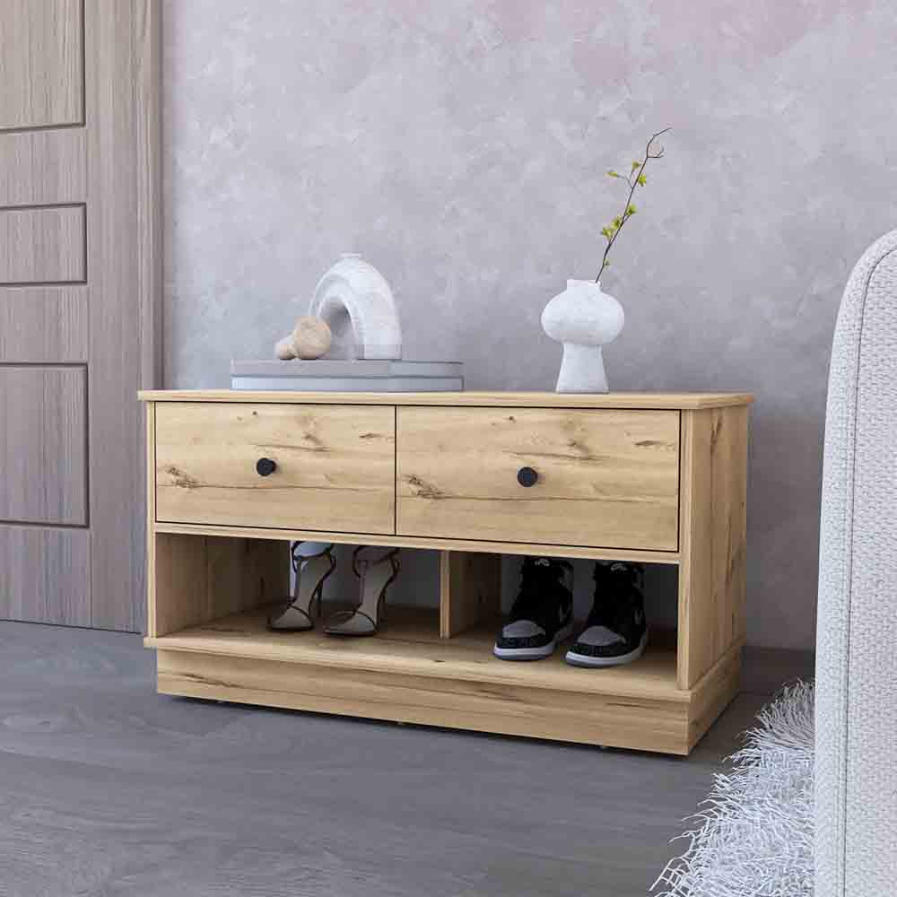 Storage Bench Beji, Lower Shelf, Two Drawers, Light Oak Finish-0