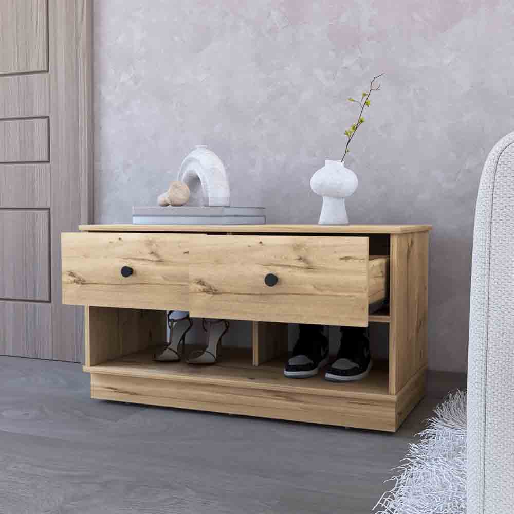 Storage Bench Beji, Lower Shelf, Two Drawers, Light Oak Finish-1