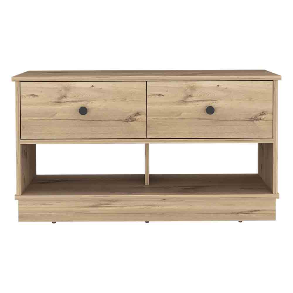 Storage Bench Beji, Lower Shelf, Two Drawers, Light Oak Finish-2