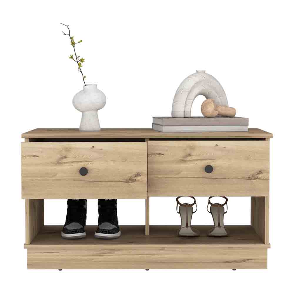 Storage Bench Beji, Lower Shelf, Two Drawers, Light Oak Finish-3