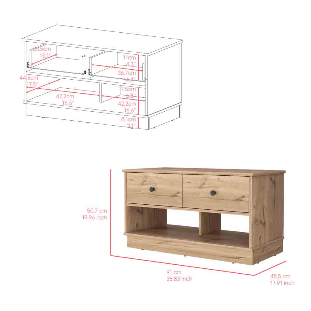 Storage Bench Beji, Lower Shelf, Two Drawers, Light Oak Finish-4