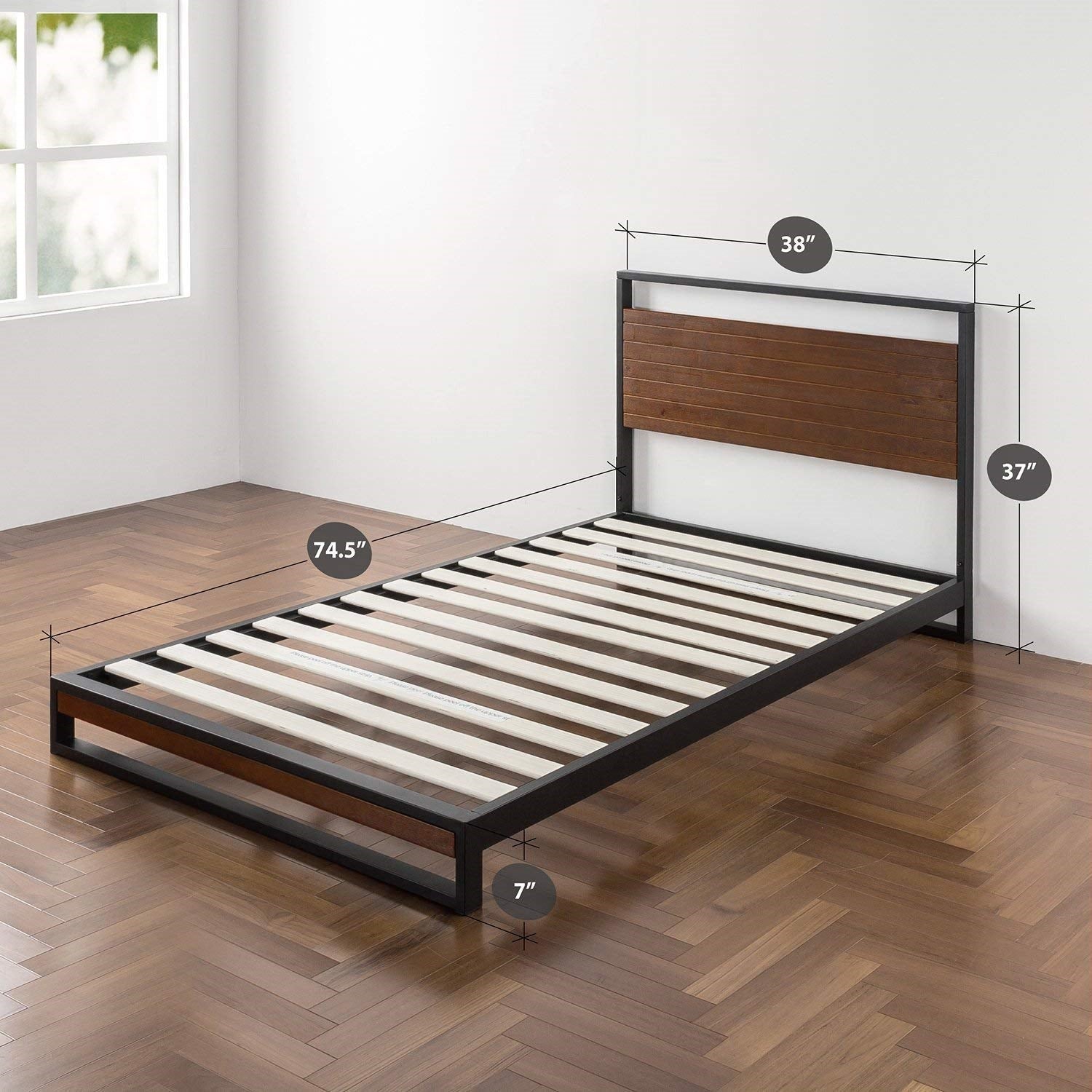 Twin size Metal Wood Platform Bed Frame with Headboard-3