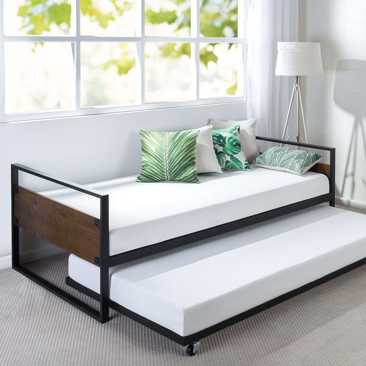 Twin size Metal Wood Daybed Frame with Roll Out Trundle Bed-0