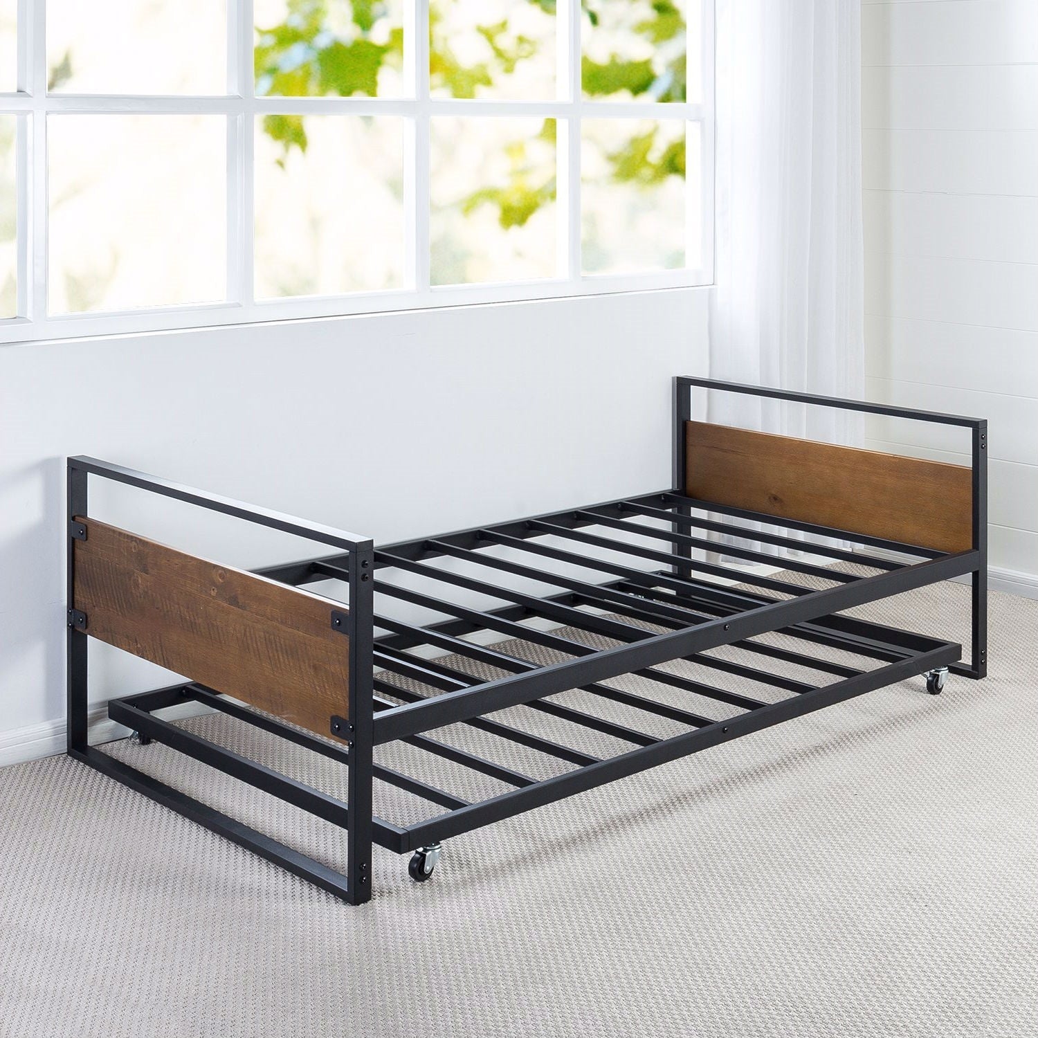 Twin size Metal Wood Daybed Frame with Roll Out Trundle Bed-1