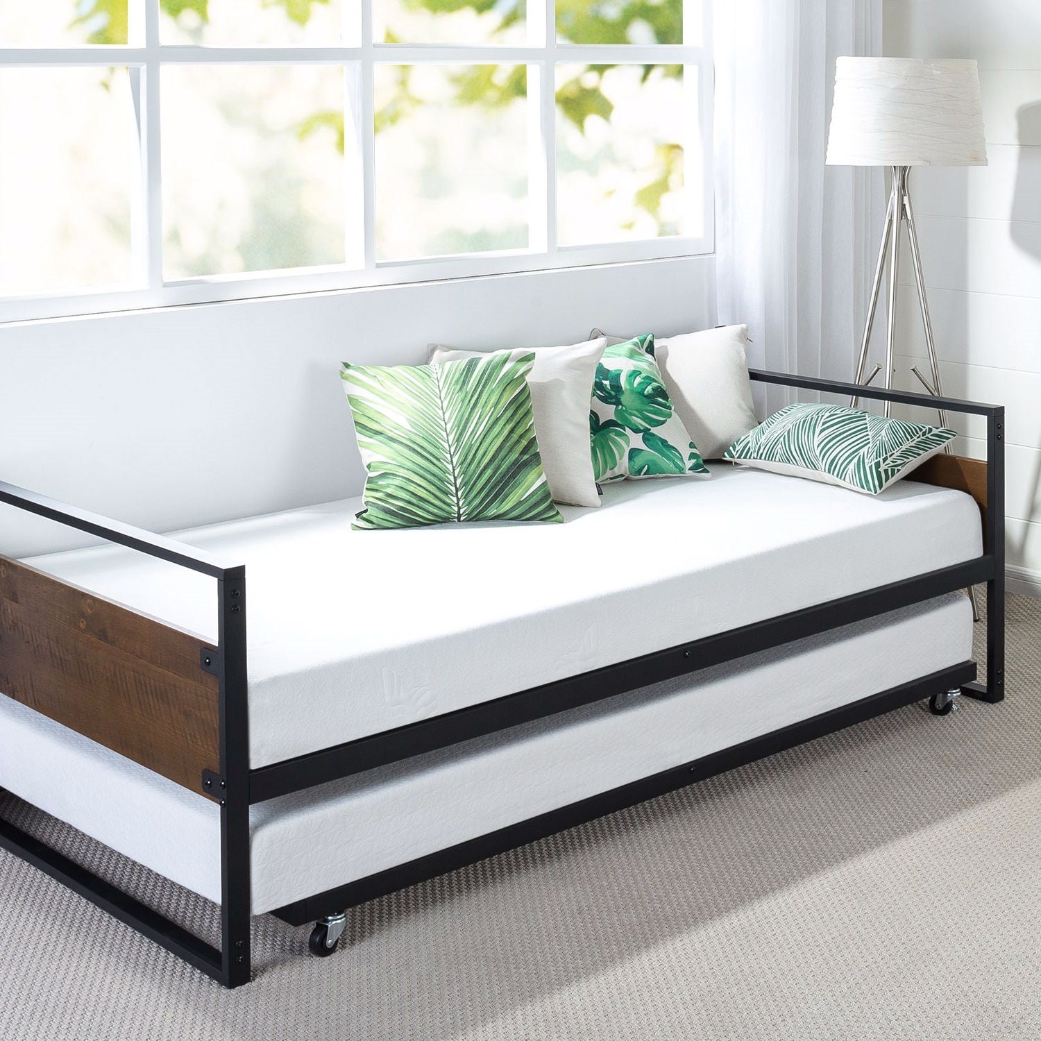 Twin size Metal Wood Daybed Frame with Roll Out Trundle Bed-2