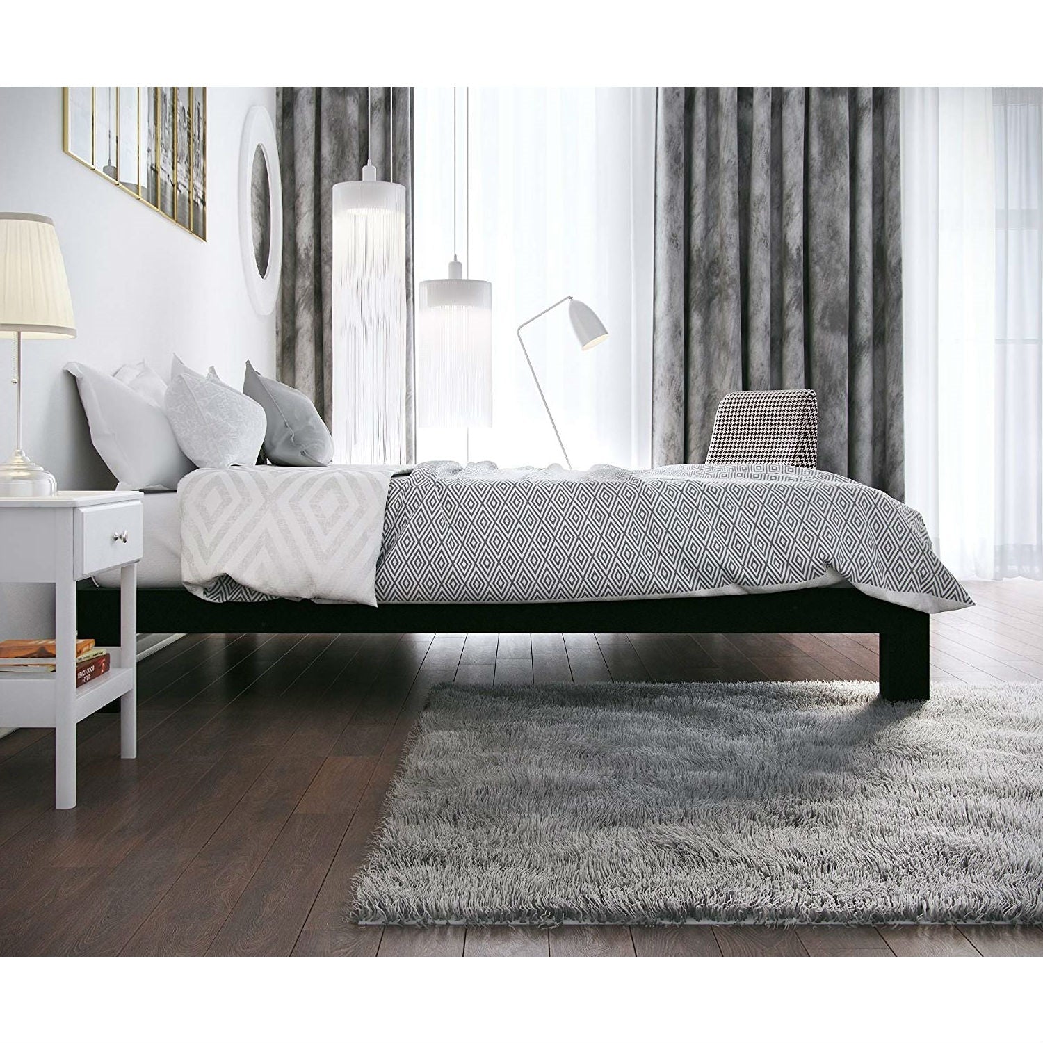 Queen Modern Black Metal Platform Bed Frame with Wood Slats-2