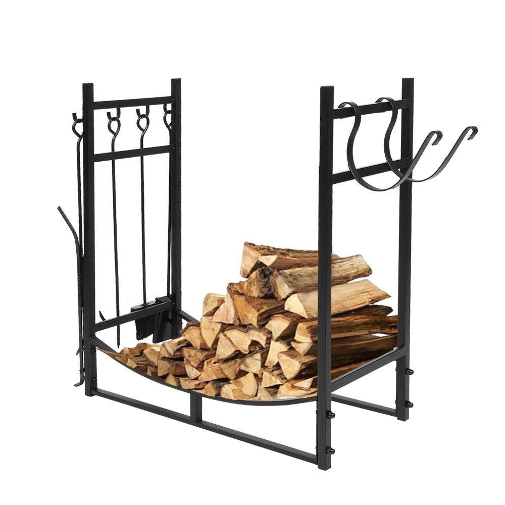 Black Metal Firewood Holder Log Rack with Poker Shovel Tongs and Broom-0