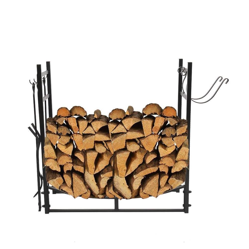 Black Metal Firewood Holder Log Rack with Poker Shovel Tongs and Broom-2