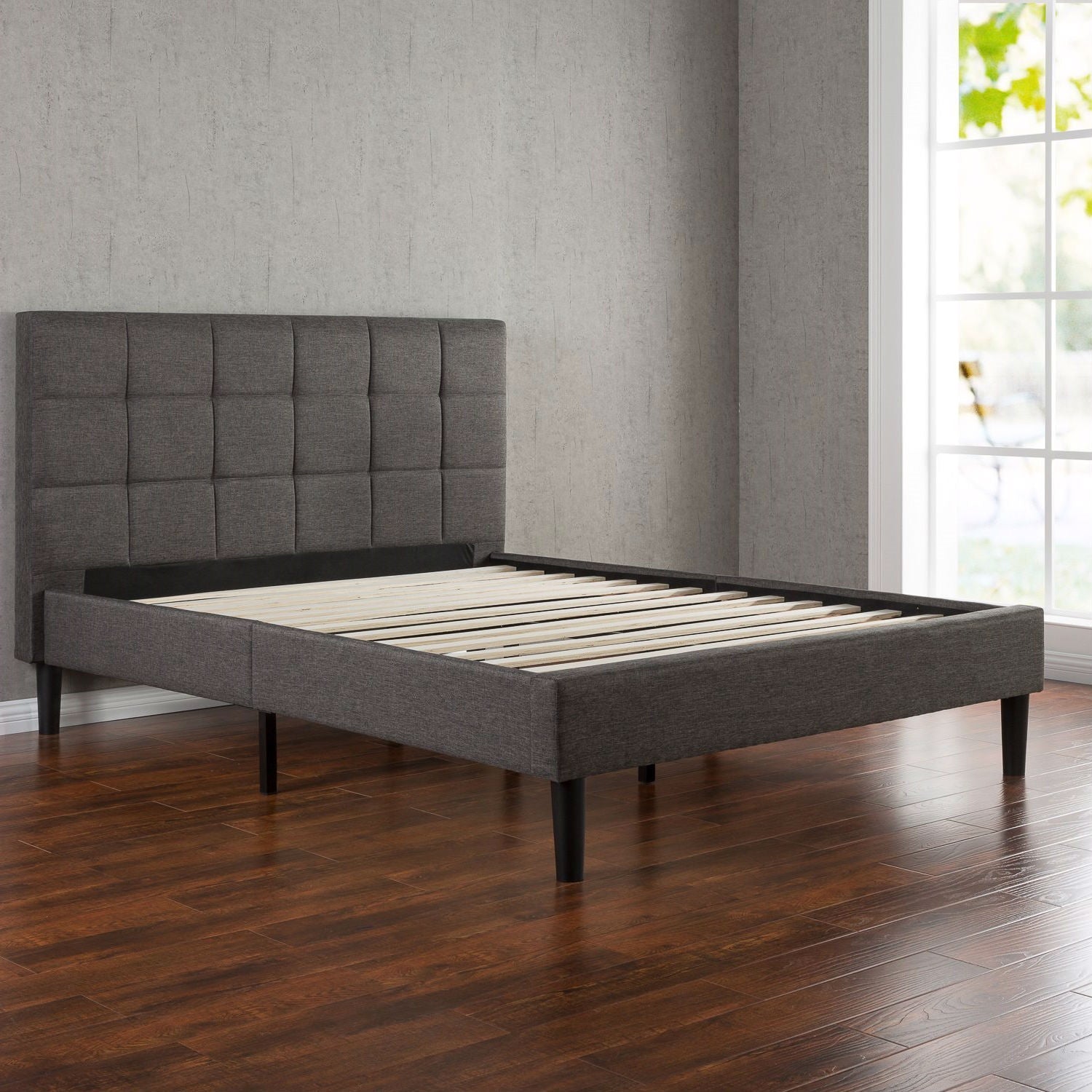 Twin size Classic Grey Fabric Upholstered Platform Bed with Padded Headboard-1