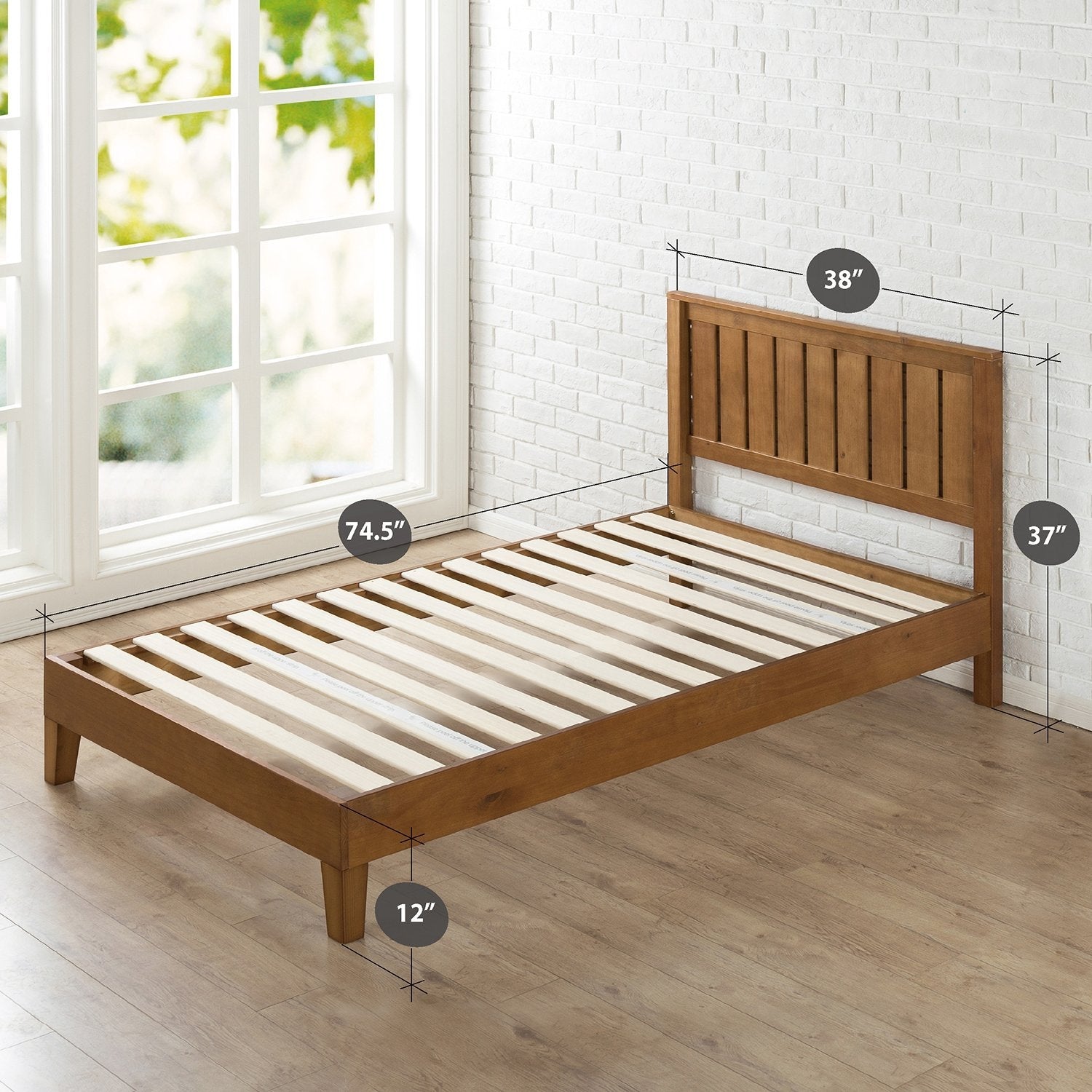 Twin Solid Wood Platform Bed Frame with Headboard in Medium Brown Finish-2